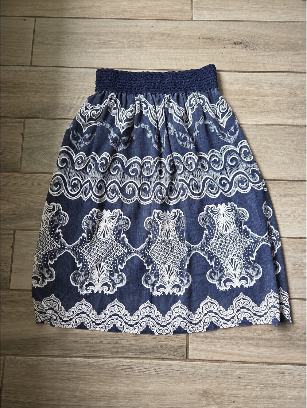 Blue and white peasant skirt with smocked waist